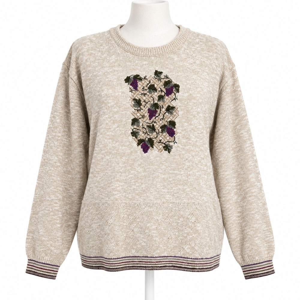 Vintage 90s Grape Embroidered Roll Neck Sweater Size M Tan Wine Country Cottage
